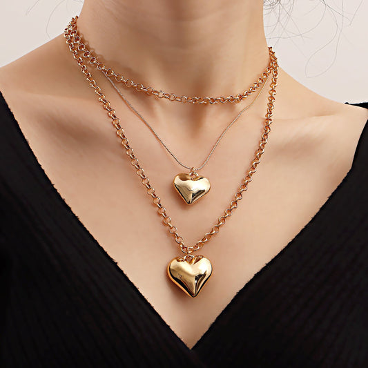 Retro fashion double stacked simple exaggerated love pendant necklace ins clavicle chain jewelry