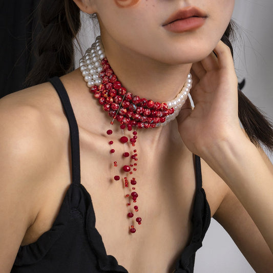 Jewelry Gothic Pearl Necklace Choker Creative Halloween Blood Drop Tassel Clavicle Necklace