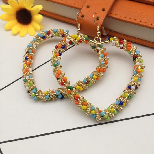Bohemian color geometric earrings contrasting color rice beads twining peach heart five-pointed star exaggerated earrings for women