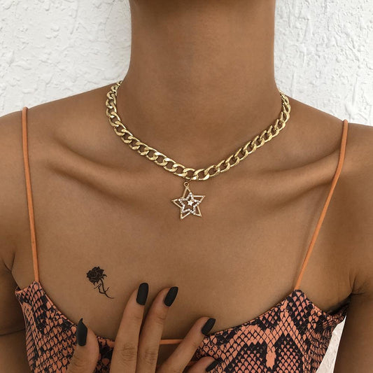 N8983 Personality Thick Chain Necklace Hip Hop Punk Pentagram Necklace Diamond Exaggerated Fashion Necklace