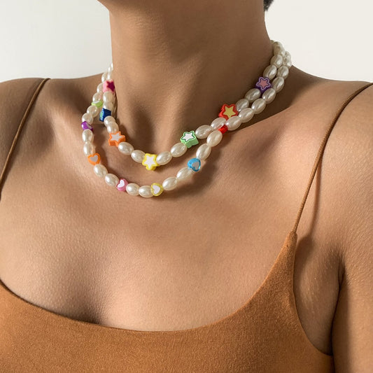 Jewelry Temperament Simple Imitation Pearl Clavicle Necklace Retro Color Peach Heart Star Clavicle Necklace