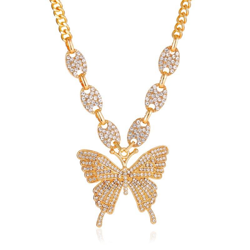 Exaggerated Butterfly Necklace Punk Micro-set Rhinestone Geometric Clavicle Chain Retro Cuban Hip Hop Sweater Chain