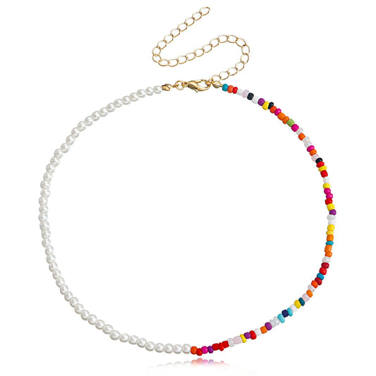 Jewelry Bohemian imitation pearl mixed color colorful rice bead necklace female hand-woven necklace