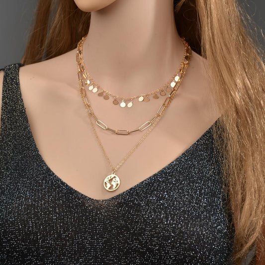 Simple Round Iron Clavicle Chain Necklace Fashion Retro Alloy World Map Pendant Multilayer Necklace