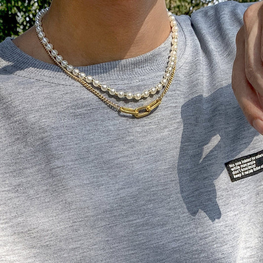 Jewelry Hip Hop Retro Imitation Pearl Men's Necklace Trendy Cool Street Shot Geometric Metal Chain Necklace