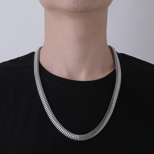 Fashion Men's Flat Snake Bone Silver Chain Retro Versatile Punk Personality Trend Simple Necklace