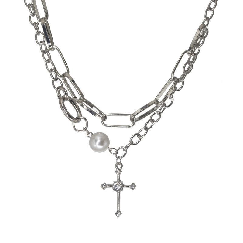 Cross double layered necklace female ins hip hop indifferent neck chain year temperament clavicle chain