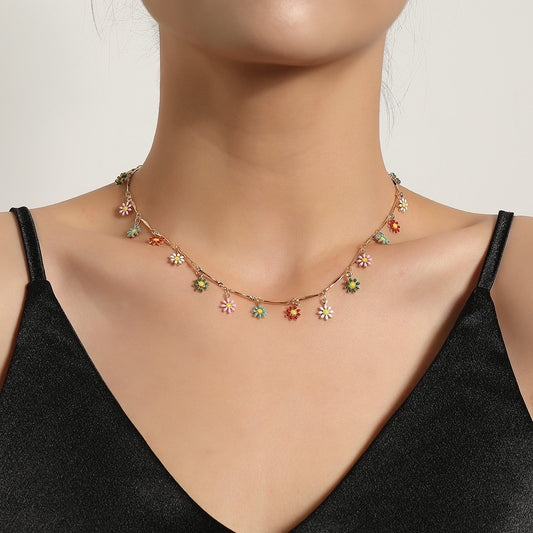 Jewelry Straight Tube Handmade Chain Flower Necklace Female Fashion Temperament Simple Painted Small Flower Necklace