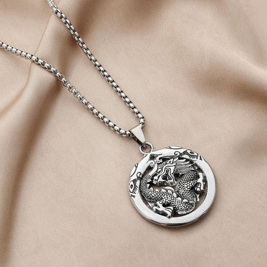 Ethnic fashion hip-hop stainless steel round plate hollow dragon totem pendant personality trend cold men's necklace
