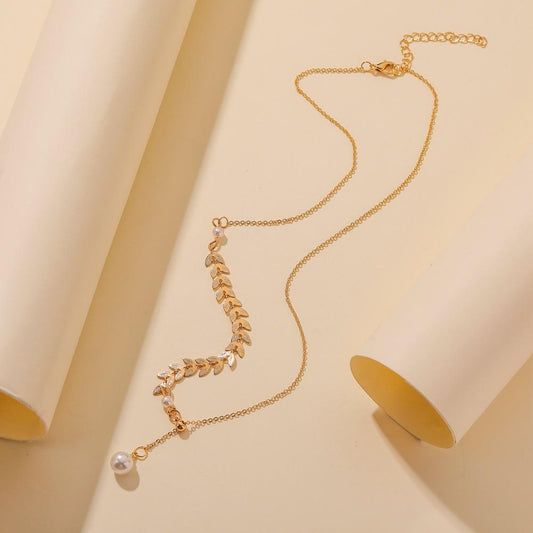Ins simple temperament wheat ear necklace exquisite niche pearl super fairy pendant personality adjustable trend clavicle chain