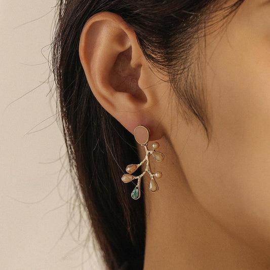 Temperament drop oil water drop resin pearl branch earrings small fresh pastoral forest series ladies earrings