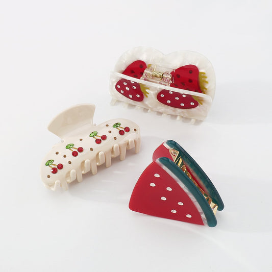 F4332 Light Luxury Cute Fruit Series Shark Clip Summer Cherry Watermelon Strawberry Color Diamond Fun Hair Clip
