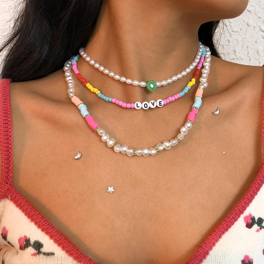 N9613 Multi-layer Color Rice Bead Necklace Geometric Pearl Temperament Necklace Fashion Personality Creative Necklace Women