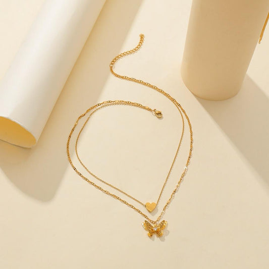 Ins niche light luxury titanium steel gold-plated double-layer necklace three-dimensional butterfly love pendant collarbone necklace