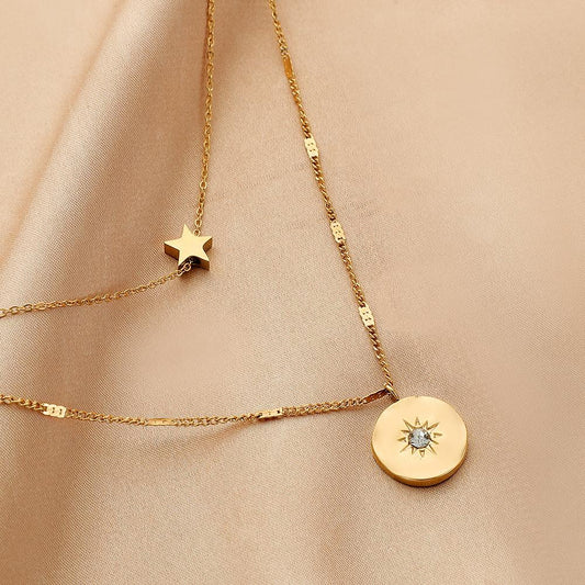 Fashionable Double Layer Stainless Steel Golden Pentagram Coin Sun Pendant Titanium Steel Clavicle Necklace For Women
