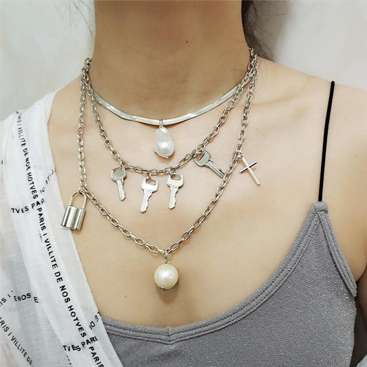 Jewelry retro shaped baroque cross multi-layer lock with key mix and match chain necklace