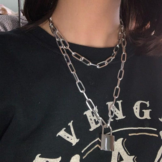 Personality Punk Hip-Hop Jewelry Lock Double Thick Chain Sweater Chain Geometric Retro Necklace