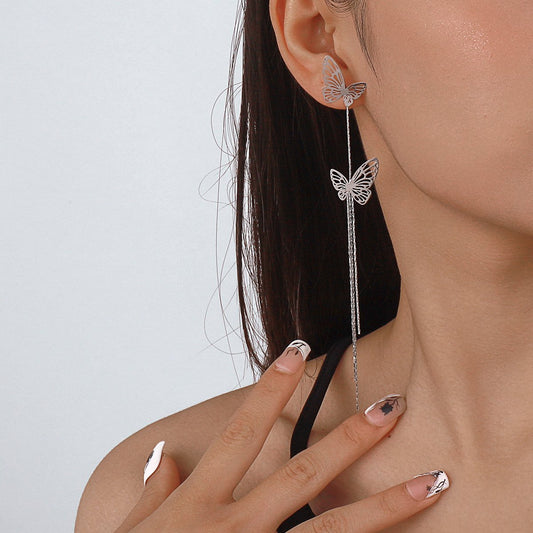 E1472 Long Tassel Fairy Earrings Hollow Butterfly Personality Creative Earrings Retro Exaggerated Earrings