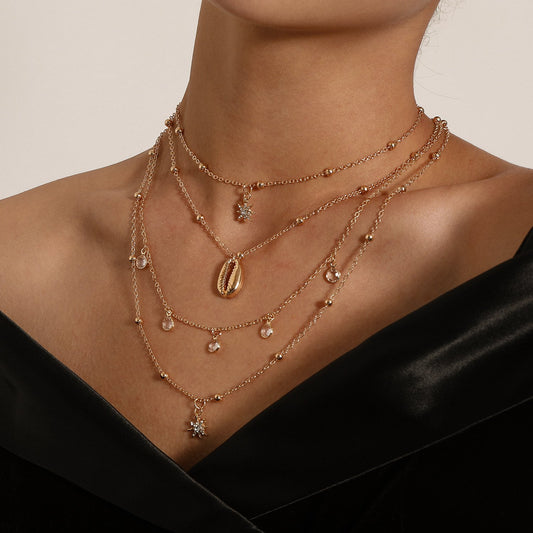 Jewelry Ladies Full Diamond Hexagram Pendant Necklace Multilayer Hip Hop Retro Rhinestone Shell Jewelry