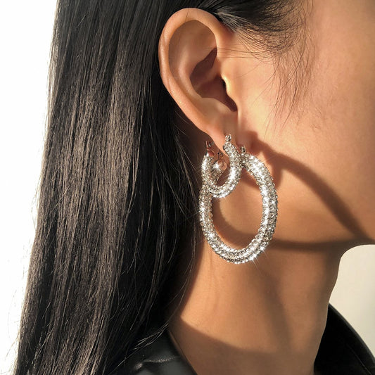 Jewelry fashion light luxury C-shaped full-diamond set earrings temperament all-match inlaid colored diamond geometric earrings