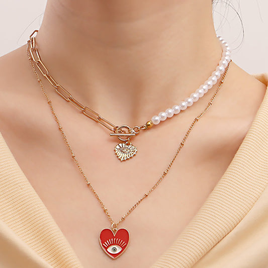 Jewelry Simple Acrylic Devil's Eye Stitching Clavicle Chain Retro Imitation Pearl Beaded Necklace
