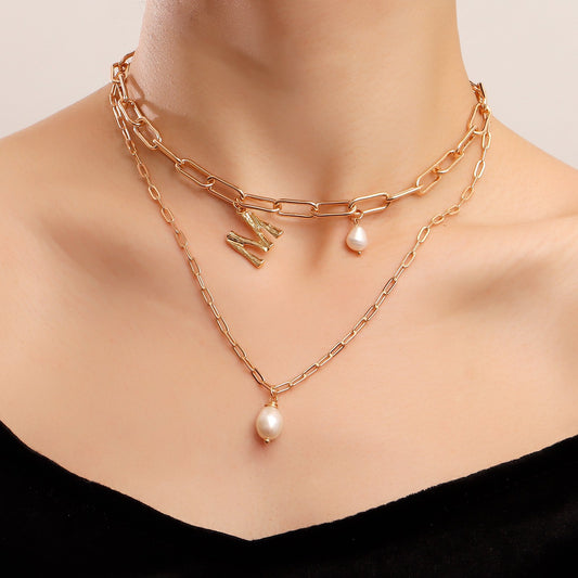Jewelry punk double imitation pearl letter M pendant necklace female clavicle chain ins necklace