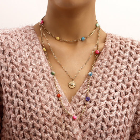 Jewelry pastoral multi-layer colorful zircon diamond eye pendant necklace female light luxury trend necklace