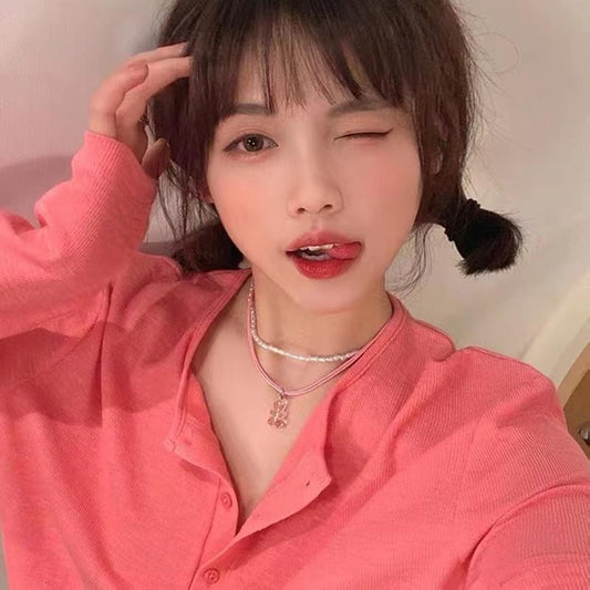 Pearl double-layered pink bear necklace spring and summer cute girl sweet cool collarbone chain accessories