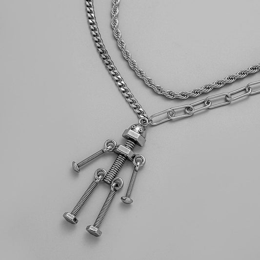 Simple design double-layer hip-hop twist chain screw style robot splicing men's necklace stacked