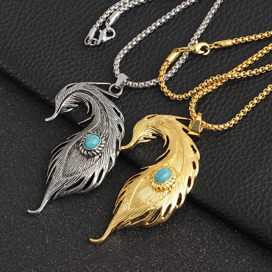 Feather Turquoise Pendant Hiphop Necklace Men