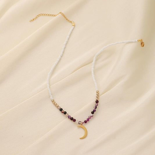 Color Zircon Crescent Pendant Light Luxury Niche Design Sense Short Stainless Steel Moon Beaded Amethyst Stone Necklace