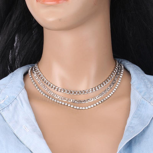 Retro exaggerated thick chain necklace multi-layered diamond-encrusted chain hip-hop necklace simple collarbone chain female