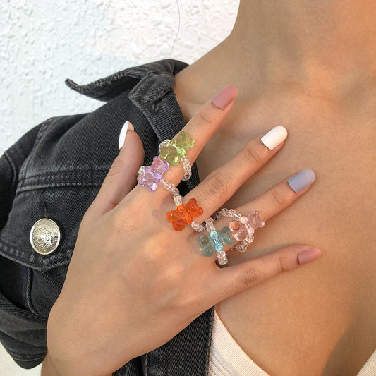 R613 Jewelry Simple Cartoon Cute Bear Ring Funny Rice Beads Fashion Joint Ring