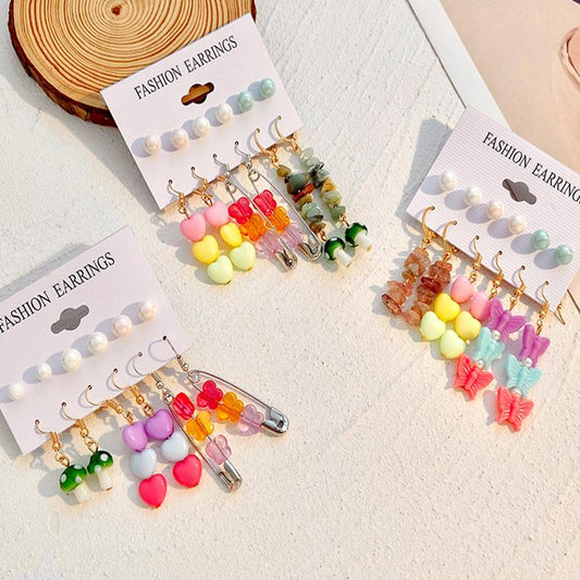 Ins color butterfly heart earring set fashion pearl flower mushroom earring six-piece set trendy