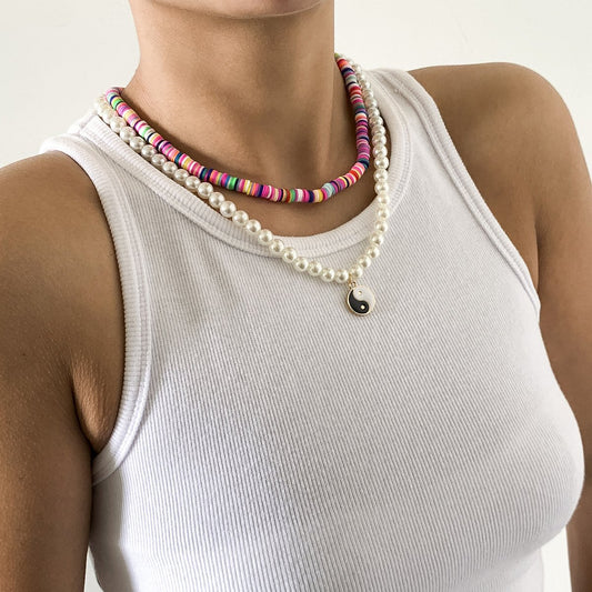 Jewelry Retro Soft Pottery Color Set Necklace Female Simple Tai Chi Imitation Pearl Geometric Necklace