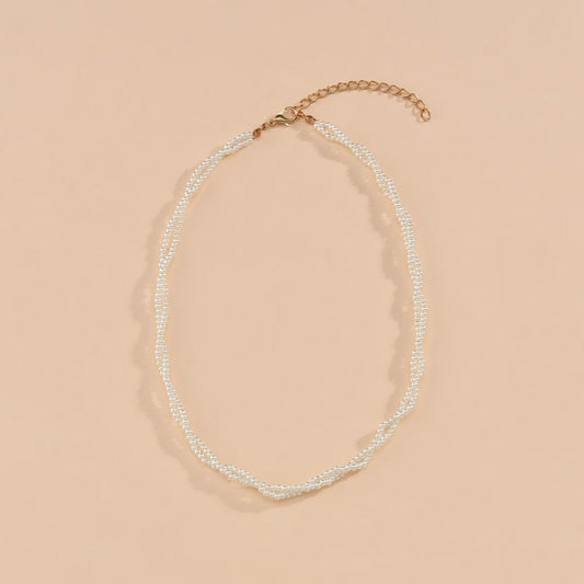 Fashionable millet grain imitation pearl braided twist winding temperament double layer short necklace collarbone necklace