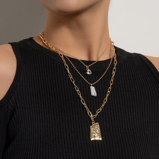 Jewelry trend multi-layer love diamond pearl alloy pendant fashion personality short sweater chain
