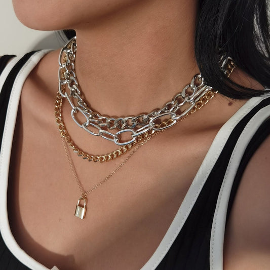Jewelry punk hip-hop multi-layer thick chain necklace female retro personality mixed color chain lock necklace