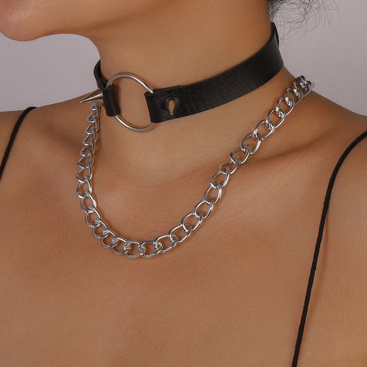 N158 Harajuku Leather Collar Exaggerated Chain Rivet Gothic Choker Vintage Exaggerated Necklace