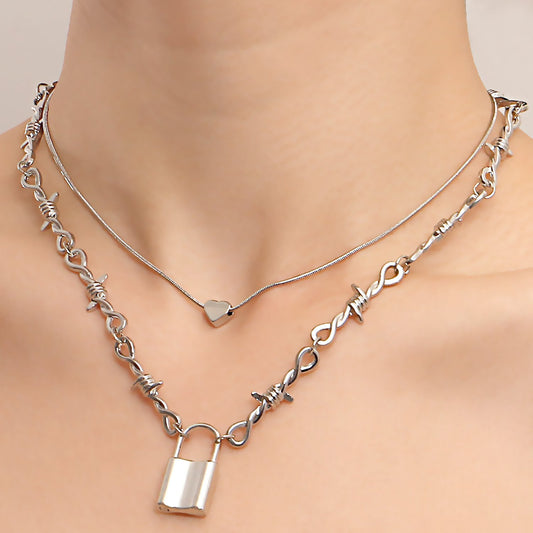 Jewelry punk love padlock pendant necklace female ins double snake bone chain niche design sense