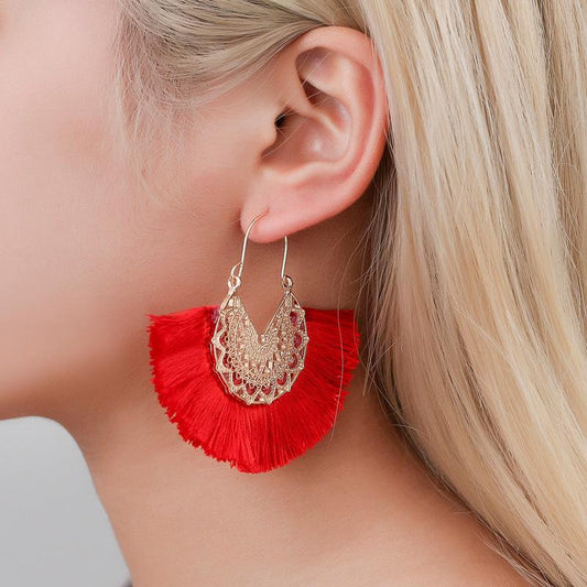 Ethnic tassel earrings retro exaggerated fan-shaped lace pattern earrings earrings earrings