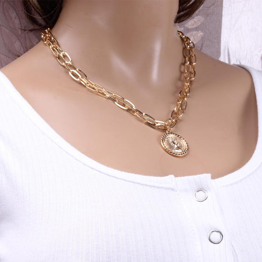 Retro Geometric Portrait Embossed Necklace Female Simple Double Layer Metal Chain Necklace Jewelry
