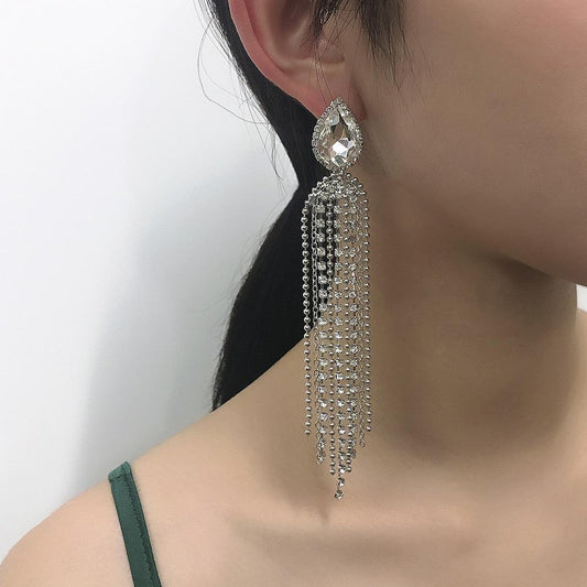 E9278 Jewelry Temperament Fashion Long Tassel Earrings Women's Light Luxury Inlaid Rhinestones Delicate Earrings