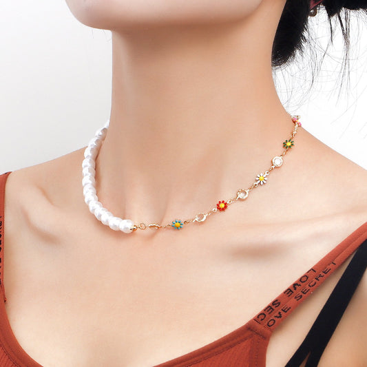 Jewelry ins splicing imitation pearl painted drip glaze flower pendant female niche high-end necklace light luxury