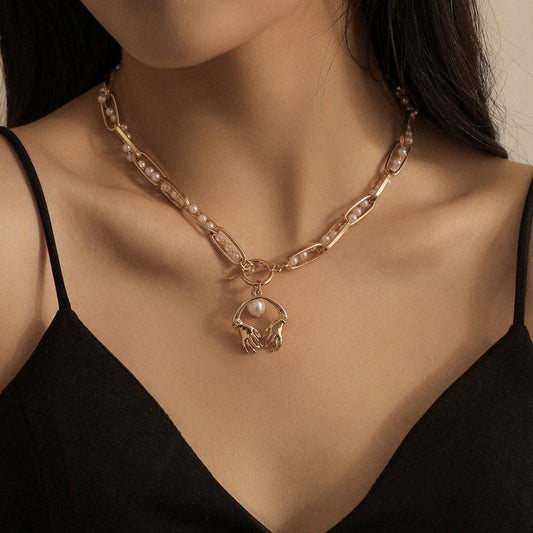 ins exaggerated pearl necklace personality hands pendant niche temperament light luxury chain jewelry