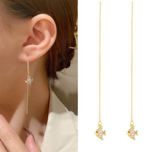 Ins small goldfish ear wire women's French light luxury niche design long tassel ear wire net red temperament earrings