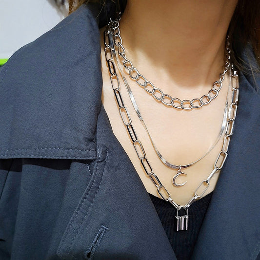 Jewelry Copper Snake Chain Crescent Pendant Necklace Women's Lock-shaped Multi-layer Sweater Chain Two-piece Set