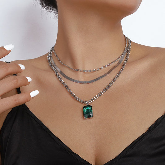 N1418 Simple Stacked Snake Bone Necklace Square Rhinestone Temperament Necklace Niche Commuting Fashion Necklace
