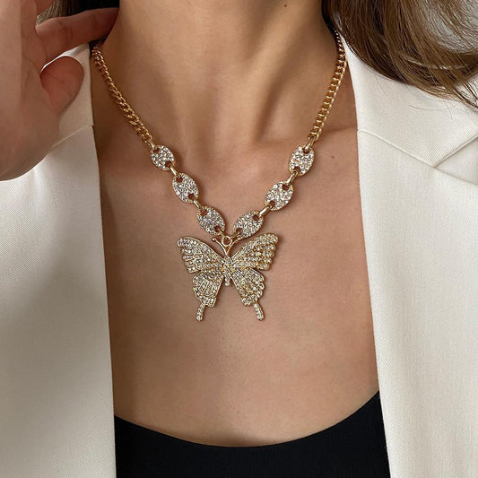 Exaggerated Butterfly Necklace Punk Micro-set Rhinestone Geometric Clavicle Chain Retro Cuban Hip Hop Sweater Chain