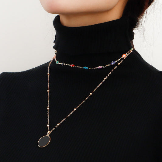 Jewelry evil eye double layered black mother-of-pearl pendant necklace female autumn and winter sweater chain